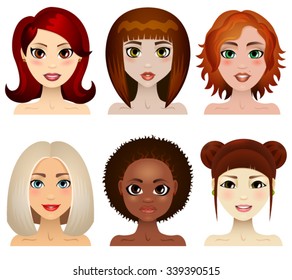 A set of  women faces of various ethnicity. Vector illustration to use in fashion, skincare, beauty and  hair style products.