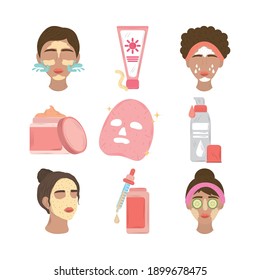 set women with facial mask, products cosmetics and skincare daily routine vector illustration