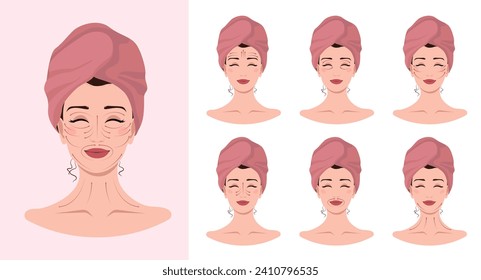 Set of women facial massage lines. Anti-aging, lifting sculpt, lymphatic drainage methodes. Line scheme for Glowing and Slimmer Skin for beauty cosmetic, make-up purposes.