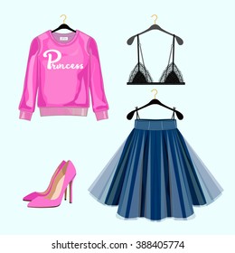 Set of women fashion clothes for shopping catalog. Vector sweatshirt, skirt,shoes, lace bra. Fashion illustration.