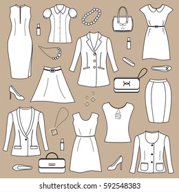  Set of women fashion clothing  and accessories.Vector illustration.
