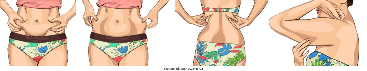 set women with fat belly. The girl clamps the fold of the belly with both hands. Female hands touching her fat on body. Women with a fat waist, hands. Female hands touching her fat on bod