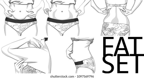set women with fat belly. The girl clamps the fold of the belly with both hands. Female hands touching her fat on body. Women with a fat waist, hands. Female hands touching her fat on body. black line