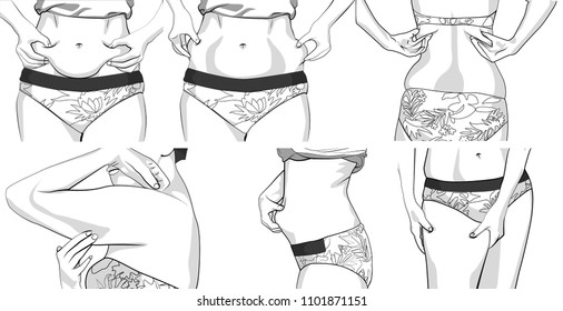 set women with fat belly. The girl clamps the fold of the belly with both hands. Female hands touching her fat on body. Women with a fat waist, hands, Legs. Female hands touching her body. black line