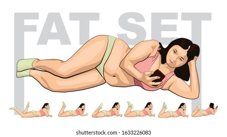 set women with fat belly. Woman using smartphone on bed. smiling mature woman speaking on her mobile phone while lying down