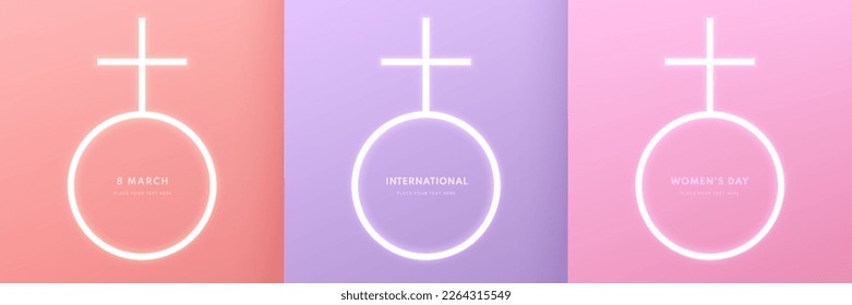 Set of women female glowing neon sign background with pink, coral red and purple color. Women's international day design elements. Vector pastel minimal scene. Use for cover, template, poster, banner.