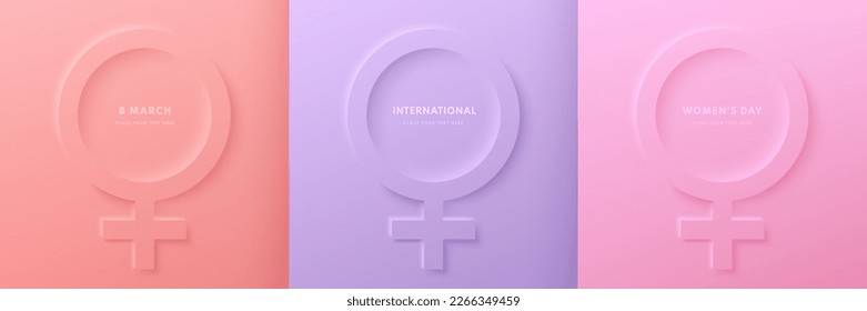 Set of women female symbol 3D background with pink, coral red and purple color. Women's international day design elements. Vector pastel minimal neumorphism design. Use for cover, social template.