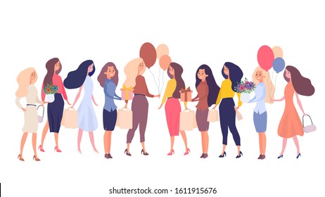 Set of women for a festive concept. Woman isolated on a white background. Good for holiday cards and banners on the theme of shopping, International Women's Day and Valentine's Day.