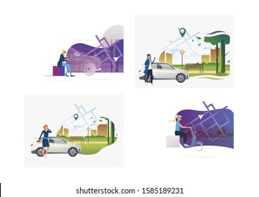 Set of women finding way. Flat vector illustrations of location, gps. Navigation concept for banner, website design or landing web page