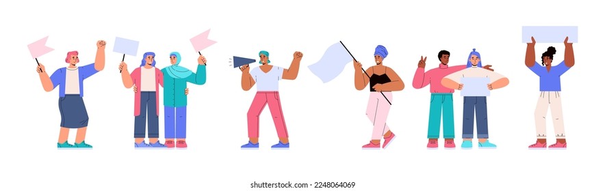 Set of women with flags, banners and loudspeaker flat style, vector illustration isolated on white background. Women rights, rally, action. Design elements collection