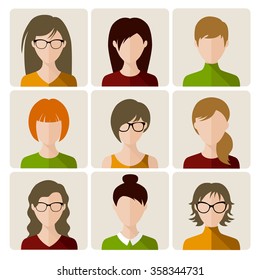 Set of women flat avatar icons in squares