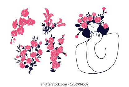 Set of Women and flowers design elements