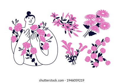 Elementos de diseño de conjuntos de mujeres y flores