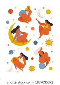 Set of women flying in space vector flat illustration. Collection of womеn holding planet with dream universe. Concept in flat graphic. Vector Illustration.