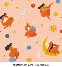 Set of women flying in space vector flat illustration. Collection of girls holding planet with dream universe. Concept in flat graphic. Vector seamless pattern.