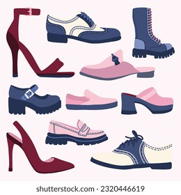 Set of Women Footwear and Shoes Type Cute Hand Drawn Illustration