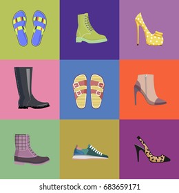 Set of women footwear summer and autumn nine icons on colorfull squares. Vector illustration of high-heeled shoes, light flip-flops, turquoise sneakers, lace boots and black watertights.
