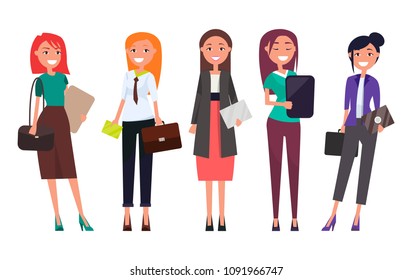 Set women in formal wear with laptops envelopes and handbags in hands vector illustration successful businesswomen in flat style cartoon design isolated