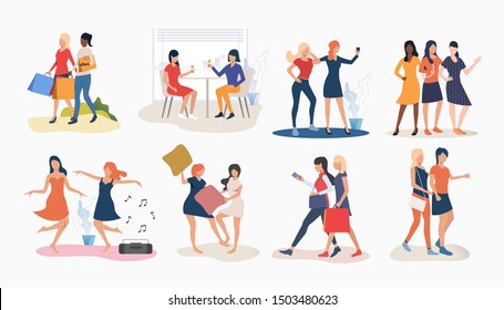 Set of women friends spending time together. Group of women enjoying themselves. Women friendship concept. Vector illustration for website, landing page, online store