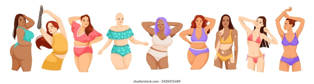 Set of women or girls body positive concept. Woman in swimsuit is not shy about her body. Beauty figure shape. Attractive person in bikini. Flat vector illustration isolated on white background