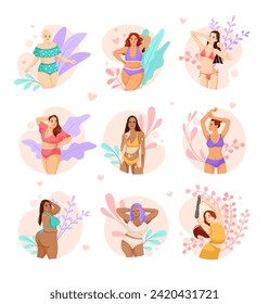 Set of women or girls body positive concept. Woman in swimsuit is not shy about her body. Beauty figure shape. Attractive person in bikini. Flat vector illustration isolated on white background