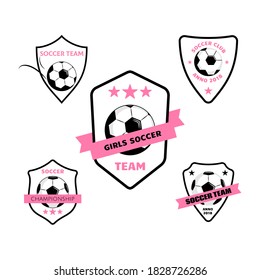 Set of Women and girls soccer football logo design with ball on shield. Simple vector soccer label or emblem in pink colors. Girls soccer team.