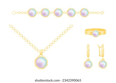 Set of women gold expensive jewelry with gem pearls. Vector collection of isolated necklace, chain, earrings and ring.