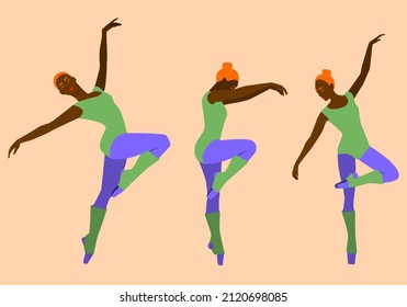 Set of women in gymnastic clothes and poses. Dance. Ballet. Aerobics. Gymnastics. Vector flat illustration.