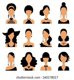 Set of women hair avatar icons in modern flat design. Vector illustration of various women character.