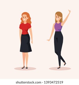 set of women with hairstyle and casual clothes