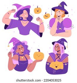 Set of women in Halloween costumes. Collection of smiling witches in different poses with pumpkins in the background. Isolated on white background.