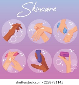 Set of women hands apply a cosmetic cream and take care of skin, flat vector illustration isolated on background. Badges with hands of woman with cosmetic products.
