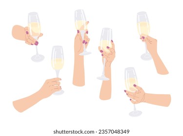 Set of women hands holding wine glasses with champagne isolated on white background.  Holiday event, hen party, celebrate birthday. Simple vector flat illustration.