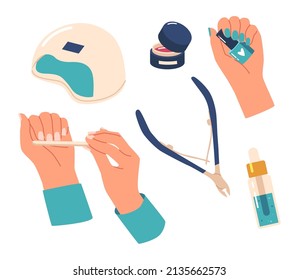 Set von Frauen Hands Maniküre und Nagelverlängerung Verfahren, Female Zeichen File Nails, Lampe, Akrylus Gel in Jar, Clippers Öl Durchstechflasche einzeln auf weißem Hintergrund. Vektorgrafik von Cartoon People