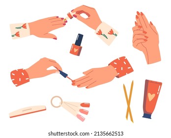 Set Women Hands Manicure Procedure, Female Character Cover Nails with Polish, Color Palette, Nail File, Wooden Sticks, Hand Cream Tube Isolated on White Background. Cartoon People Vector Illustration