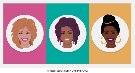 Set of women happy faces avatar profile smiling different skin tones and hairstyles, fashion accessories, earrings. International women's day, fashion character design.