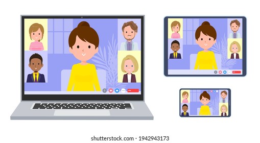A set of women having an online meeting. A set of laptop, tablet and smartphone.It's vector art so easy to edit.