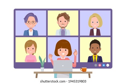 A set of women having an online meeting with multiple people. Front angle.It's vector art so easy to edit.