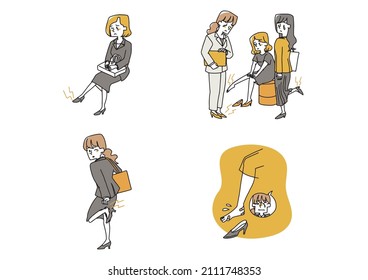 A set of women with high heels and pain in their legs Comical handwritten figures Vectors, simple coloring of line drawings