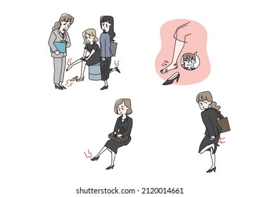 A set of women with high heels and pain in their legs Comical handwritten figures Vectors, simple coloring of line drawings