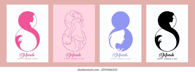 Set of Women history month w modern art poster, 8 March for cover, greeting card, banner template design with modern flat style different women for greeting, social media post and poster