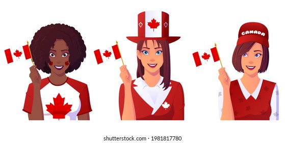 Set of Women Holding Canada Flag and wearing red and white cloths. Multicultural group of people wearing Canada day hat.