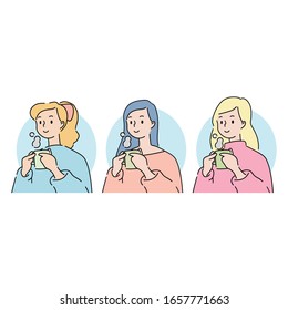 Set of women are holding and drinking coffee. Vector illustration in cartoon style.