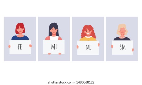 set of women holding a placards written feminism