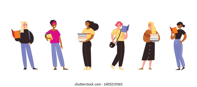 Set of women holding and reading a books  in different poses. Young girls hold and read book, flat vector illustration.