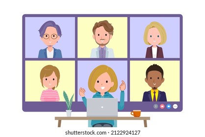 A set of women in a hoodie having an online meeting with multiple people. Front angle.It's vector art so easy to edit.