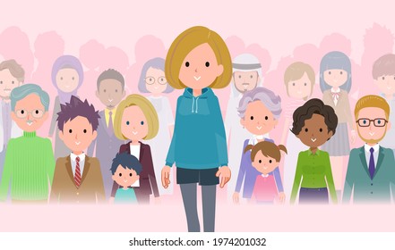 A set of women in a hoodie standing in front of a large number of people.It's vector art so easy to edit.
