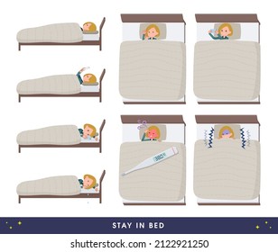 A set of women in a hoodie staying in bed.It's vector art so easy to edit.