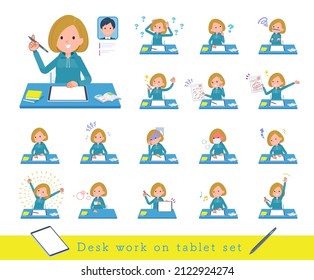 A set of women in a hoodie studying on a tablet device.It's vector art so easy to edit.