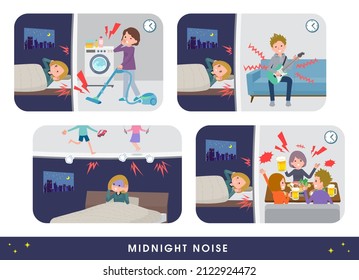 A set of women in a hoodie suffering from the noise of their neighbors.It's vector art so easy to edit.